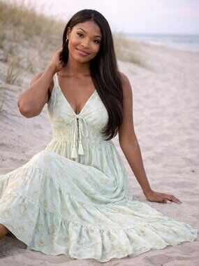 Boho Maxi Dress Mint Green Beach Vacation Flowy Women Embroidered Resort Wear